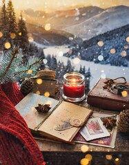Collection of photos capturing a festive travel mood board with cozy wanderlust details, vintage postcards, passport stamps, glowing holiday lights, snowy landscapes, warm cabin vibes.