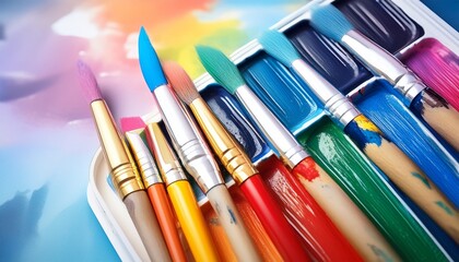 vibrant paintbrushes with watercolor palette n creative art supplies color mixing concept