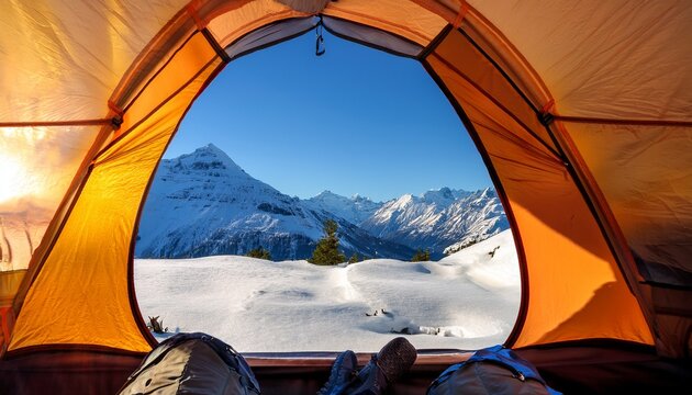 view from tent interior with sunny snowy mountains backdrop