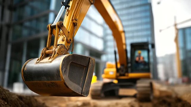 Large excavator positioned at active construction site faceless operator barely visible defocused building framework in background bucket attachment in foreground earthmoving