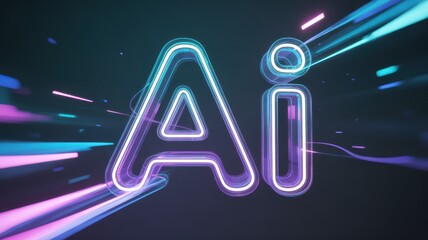 AI letters glow with neon outlines and dynamic motion trails on a dark background, suggesting speed, data flow and futuristic technology, with available space for text and design on the surrounding da