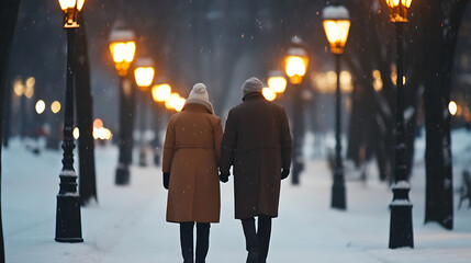 A heartwarming scene unfolds as a couple strolls hand-in-hand through a snowy park. Illuminated lampposts cast a warm glow on their peaceful walk. A romantic moment.