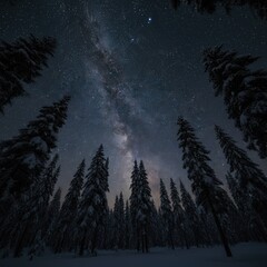 Fototapeta premium Awe-Inspiring Winter Night Sky: Looking Up at the Milky Way Galaxy Through a Forest of Snow-Covered Evergreen Trees
