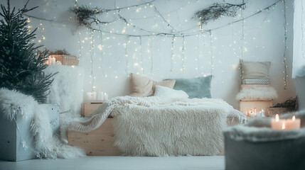 Cozy winter living room featuring a Christmas tree adorned with warm fairy lights, soft textures, and a serene ambiance perfect for holiday gatherings and relaxation