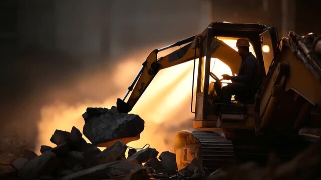 Heavy excavator loader with bucket attachment at demolition zone faceless operator controlling machinery defocused debris and rubble in background dust particles catching light