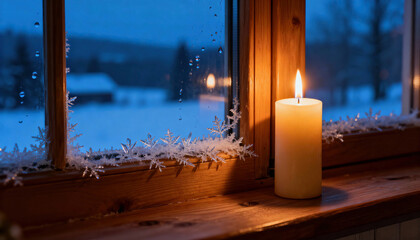 Candle burns on a wooden windowsill beside frosted glass and delicate ice crystals with a snowy blurred landscape outside. Warm indoor light contrasts cool blue tones and there is available space for 