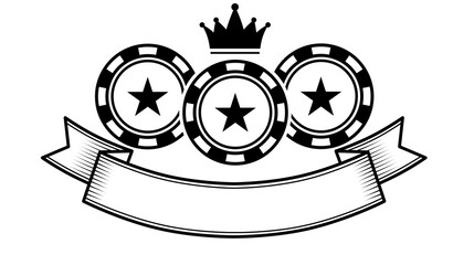 Three black and white poker chips with stars and a winner's crown. Concept of betting and casino games. A successful bet in gambling. Sports poker games.