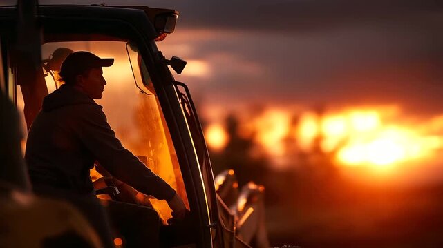 Excavator silhouetted against dramatic sunset sky faceless operator as dark figure in cabin defocused construction site elements below golden hour lighting with rim light on mac