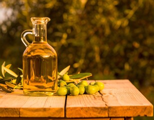 Clear glass olive oil bottle on rustic wooden table, with olives and branches
