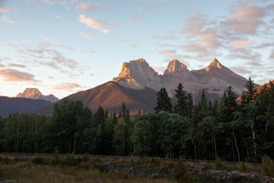 Three sisters sunrise in canmore near banff mountains
