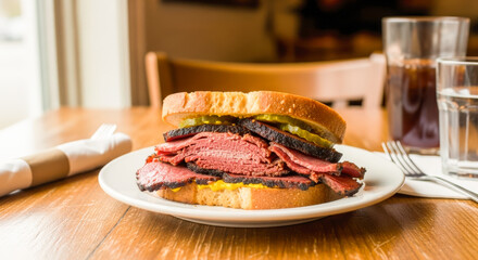 Thick-cut pastrami stacked on white bread with pickles and mustard, served on a plate in a cozy restaurant setting.