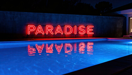 Neon sign PARADISE reflects across a lit swimming pool at night with cool blue water and warm red neon glow. Dark wall and open poolside area provide empty space for text and graphic layout in marketi