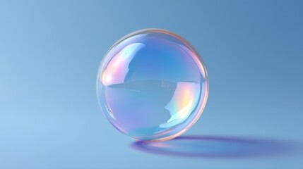 Obraz premium A soap bubble is floating above a light blue surface. The bubble shows a range of colors reflecting from the sun. The setting is bright and light with no obstructions.