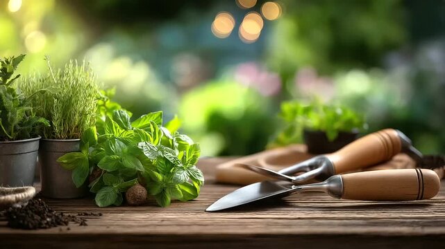 Assortment of gardening hand tools and fresh herbs arranged on wooden surface faceless composition focusing on objects defocused garden background with bokeh horticultural equip