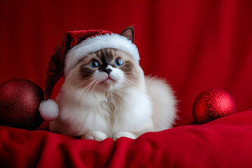 A cute Ragdoll cat wearing a Santa hat for Christmas. Fluffy festive pet with blue eyes on a red background with ornaments. Holiday season animal portrait with copy space