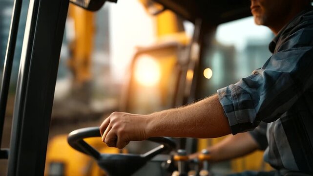 Faceless heavy duty yellow excavator operator in cabin working controls hands on levers visible through window defocused construction site background dusty industrial atmosphere