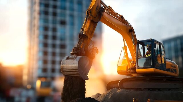 Heavy excavator demolishing old industrial building faceless operator in protective cabin defocused concrete structure destruction in background urban redevelopment work