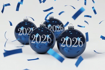 Festive blue 2026 new year ornaments with sparkling confetti for cool, modern winter celebration theme