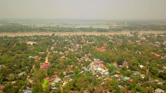  Futuristic aerial view panorama of developing Yangon city , Aerial view of Sule pagoda in downtown, Yangon, Myanmar. Sule Pagoda located in the heart of Yangon, Karaweik royal barge, Kandawgyi Lake, 