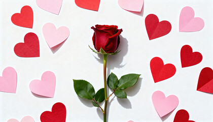 Red rose lies centered among scattered pink and red paper hearts on a clean white background, resulting in a romantic composition with ample empty space for text and design elements for greeting cards