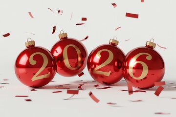 Festive red 2026 ornaments with golden numbers, surrounded by shiny confetti for a celebratory new year greeting card concept