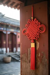 Traditional red chinese knot hanging on an old wooden door in a temple courtyard, symbolizing luck, prosperity, and cultural heritage
