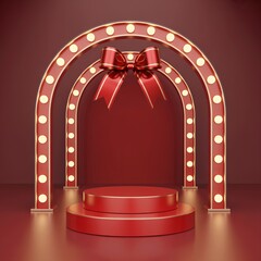 Vibrant red festive product display podium or stage with golden lights and luxurious bow for holiday launches