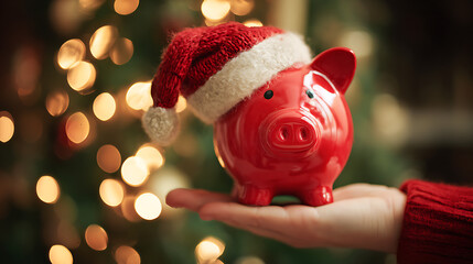 Holiday Savings: A red piggy bank adorned with a Santa hat sits on a person's hand, a festive reminder of financial planning amidst the Christmas tree lights glow.