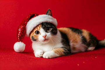 Adorable calico cat in a sparkly Santa hat lying on a red background. Cute festive kitten celebrating Christmas and New Year holidays. Copy space for text