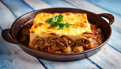 Traditional Greek Potato And Meat Casserole With Cheese Moussaka