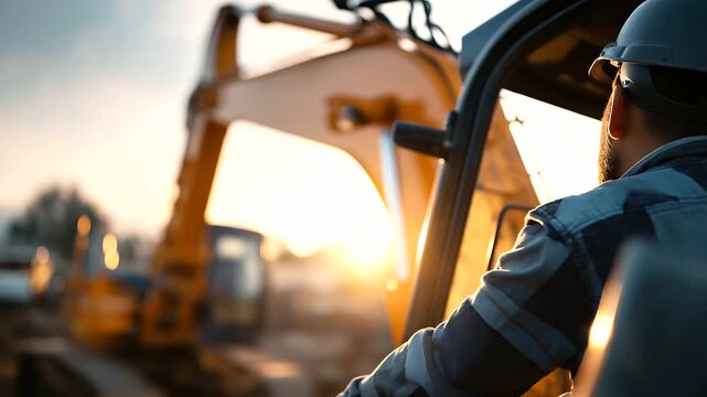 Rear view of loader excavator with raised backhoe faceless operator cabin from behind defocused construction site background hydraulic arm elevated equipment perspective