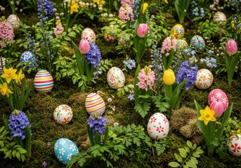 Vibrant easter eggs adorn lush greenery festive spring decoration