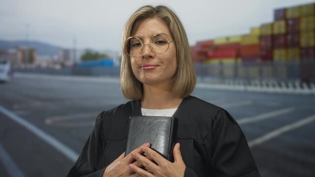 Blonde woman judge stands wearing glasses holding book with clasped hands on street; authority justice leadership.