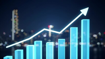 A blue bar chart with an upward arrow overlay against a blurred cityscape at night symbolizing business growth financial success and the concept of development. - Powered by Adobe
