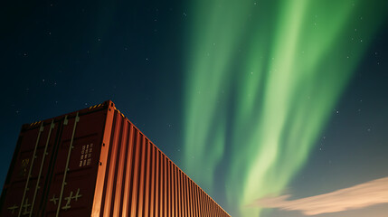 Cargo container glows beneath the majestic aurora borealis, stars twinkle above. A surreal Arctic tableau where industrial meets natural wonder, painted in green hues.