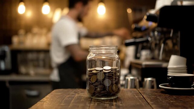Close up on a barista with tattoos adding coins to jar on a wooden counter in a cafe with muted lights and coffee machine background.