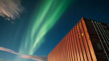 Night scene: a container set against the backdrop of the aurora borealis, sky decorated with stars and clouds. The container is an angular orange, the lights green and the sky is a deep blue.