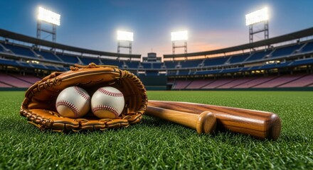 Close-up of a baseball glove and ball resting on the green field in stadium lights