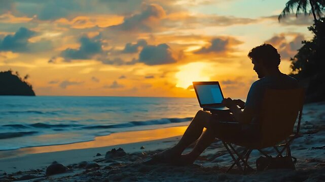 Digital nomad freelancer working from sea beach in laptop.