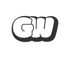 GW logo, bubble comic lettering, rounded in graffiti style black and white silhouette. Trendy preschool G and W letter text for festival party, personal initials, children funky print and web.