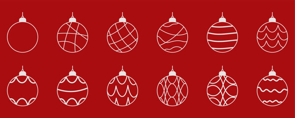 White vector line art ornaments and Christmas baubles icon pattern on isolated red background, simple winter holiday design for seasonal xmas cards wrapping paper banners and festive decor concepts.