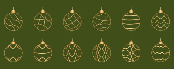 Elegant gold outlined Christmas ornaments isolated on olive green background, varied wavy and swirled bauble patterns, minimalist simple outline design ideal for winter holiday branding. Vector decor