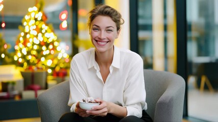 Smiling woman enjoying morning coffee in cozy holiday setting with christmas tree background