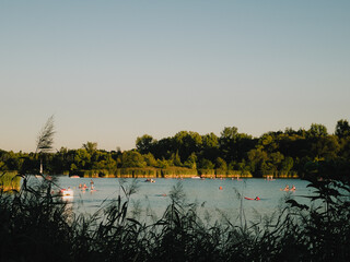 People engaging in various water sports on serene lake, surrounded by lush vegetation and bathed in...