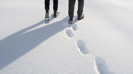Footprints in snow. Winter walking scene with 2 people and shadows on white snowy ground. Footprints tracking on snowy terrain. Wintery scene. Adventures in the outdoors