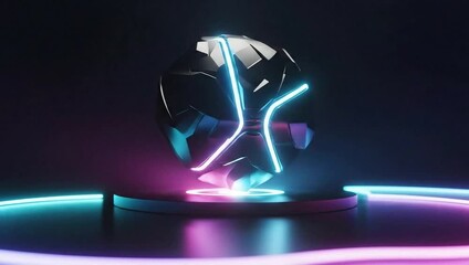 Abstract futuristic geometric sphere glowing with vibrant neon light lines on a dark stage representing digital technology and innovation - Powered by Adobe