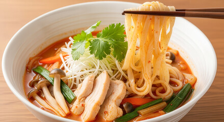 Spicy Japanese-style malatang soup featuring sliced chicken, mushrooms, noodles, vegetables, and herbs in a flavorful broth.