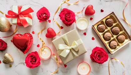 Collection of photos featuring a Valentine&rsquo;s Day mood board with romantic flat lay design, pink and red tones, hearts, roses, gold accents, fairy lights, chocolate, elegant stationery inspiration.