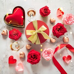 Collection of photos featuring a Valentine&rsquo;s Day mood board with romantic flat lay design, pink and red tones, hearts, roses, gold accents, fairy lights, chocolate, elegant stationery inspiration.