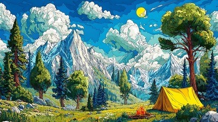 Yellow tent and campfire in a mountain meadow with dramatic clouds and a stylized sun and vibrant landscape photo